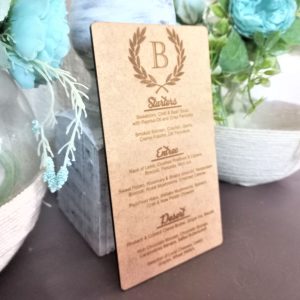 Alternative view of Table Menus with Initial Wreath Engraved